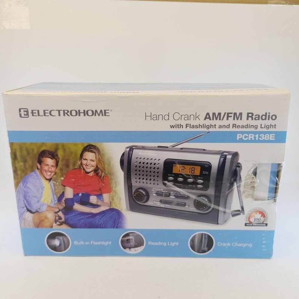 Electrohome Hand Crank Emergency Radio Alarm Clock Flashlight Blink PCR138E